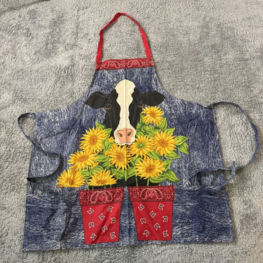 Unbranded Unisex Cow Sunflower Apron OS Blue Red Bandana Print Farmhouse Style